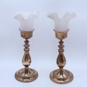 Vintage Brass Hurricane Candlesticks Pair Hobnail Milk Glass Shades 14"